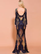 Women’s Red Green Glamorous Sequin Round Neck Long Sleeve Fitted Mermaid Maxi Dress with Open Back