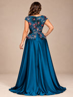 Women’s Teal Blue Elegant Floral Sequin Sweetheart Neck Short Sleeve Satin A-Line Maxi Dress with Peplum Detail