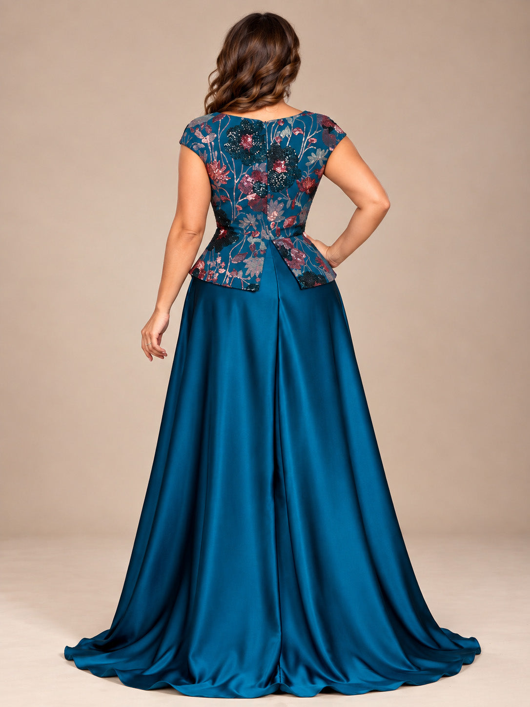Women’s Teal Blue Elegant Floral Sequin Sweetheart Neck Short Sleeve Satin A-Line Maxi Dress with Peplum Detail