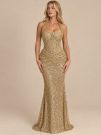 Women’s Gold Glamorous Sequin Square Neck Halter Sleeveless Mermaid Maxi Dress with Ruched Hip Detail