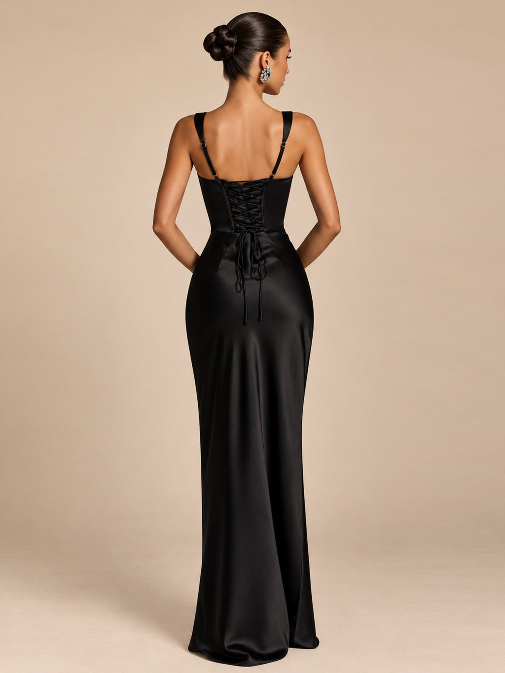 Women's Elegant Satin Square Neck Spaghetti Strap Ruched Corset Sheath Maxi Evening Dress with Lace-Up Back