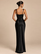 Women's Elegant Satin Square Neck Spaghetti Strap Ruched Corset Sheath Maxi Evening Dress with Lace-Up Back