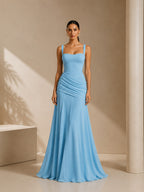 Women’s Yellow Elegant Ruched Square Neck Sleeveless Maxi Dress