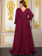 Women’s Burgundy Elegant Chiffon V-Neck Long Sleeve A-Line Maxi Dress with Ruffle Detail