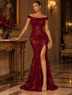 Women's Romantic Burgundy Floral Embroidered One Shoulder Slit Mermaid Maxi Evening Dress