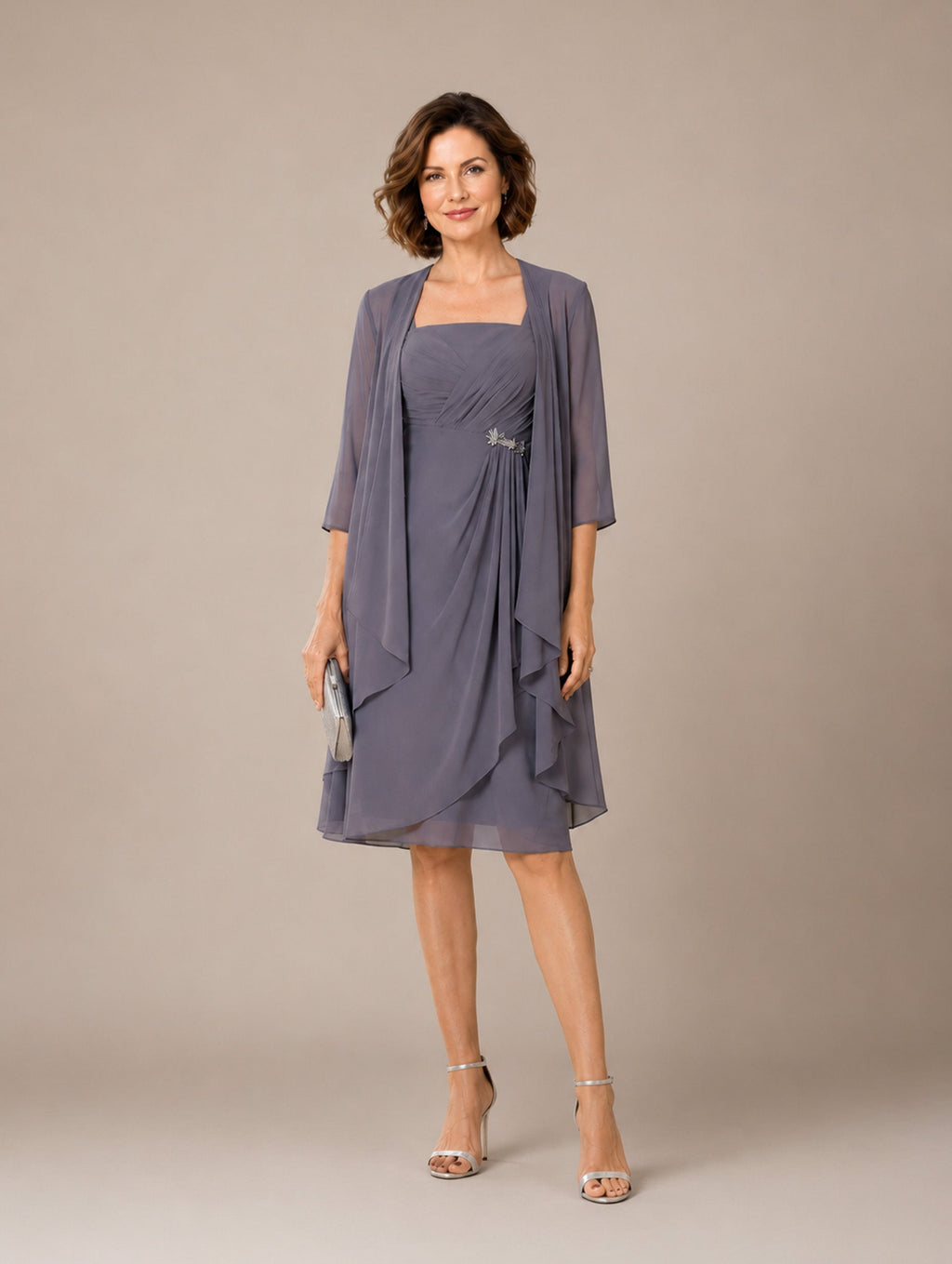 Women’s Gray Elegant Chiffon Square Neck Sleeveless Regular Knee-Length Two Pieces Wedding Guest Dress Set with 3/4 Sleeve Ruffle Jacket