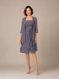 Women’s Gray Elegant Chiffon Square Neck Sleeveless Regular Knee-Length Two Pieces Wedding Guest Dress Set with 3/4 Sleeve Ruffle Jacket