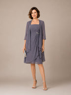 Women’s Gray Elegant Chiffon Square Neck Sleeveless Regular Knee-Length Two Pieces Wedding Guest Dress Set with 3/4 Sleeve Ruffle Jacket
