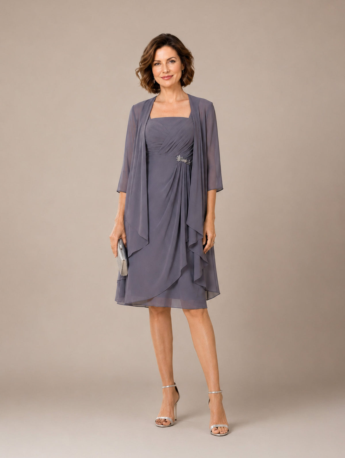 Women’s Gray Elegant Chiffon Square Neck Sleeveless Regular Knee-Length Two Pieces Wedding Guest Dress Set with 3/4 Sleeve Ruffle Jacket