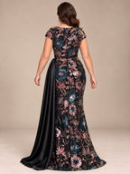 Women’s Black Elegant Floral Sequin Asymmetric Neck Short Sleeve Mermaid Maxi Dress with Satin Draped Detail