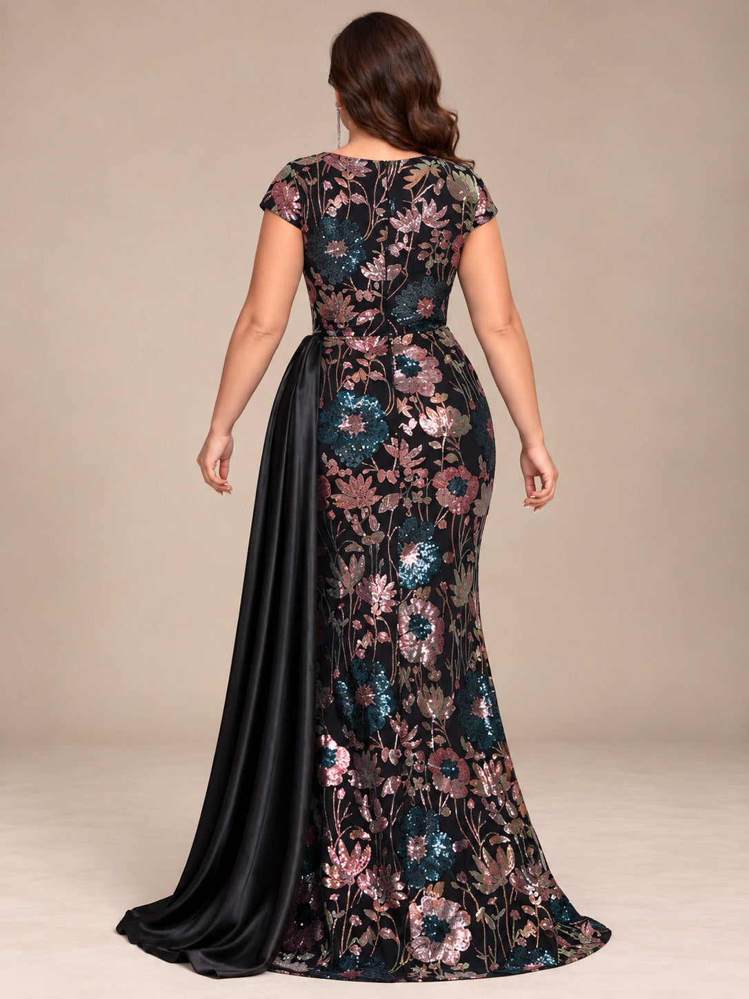 Women’s Black Elegant Floral Sequin Asymmetric Neck Short Sleeve Mermaid Maxi Dress with Satin Draped Detail