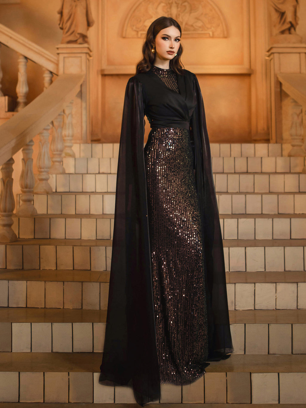 Women’s Black Elegant Sequin Mesh V-Neck Long Cape Sleeve Column Maxi Dress with Chiffon Overlay