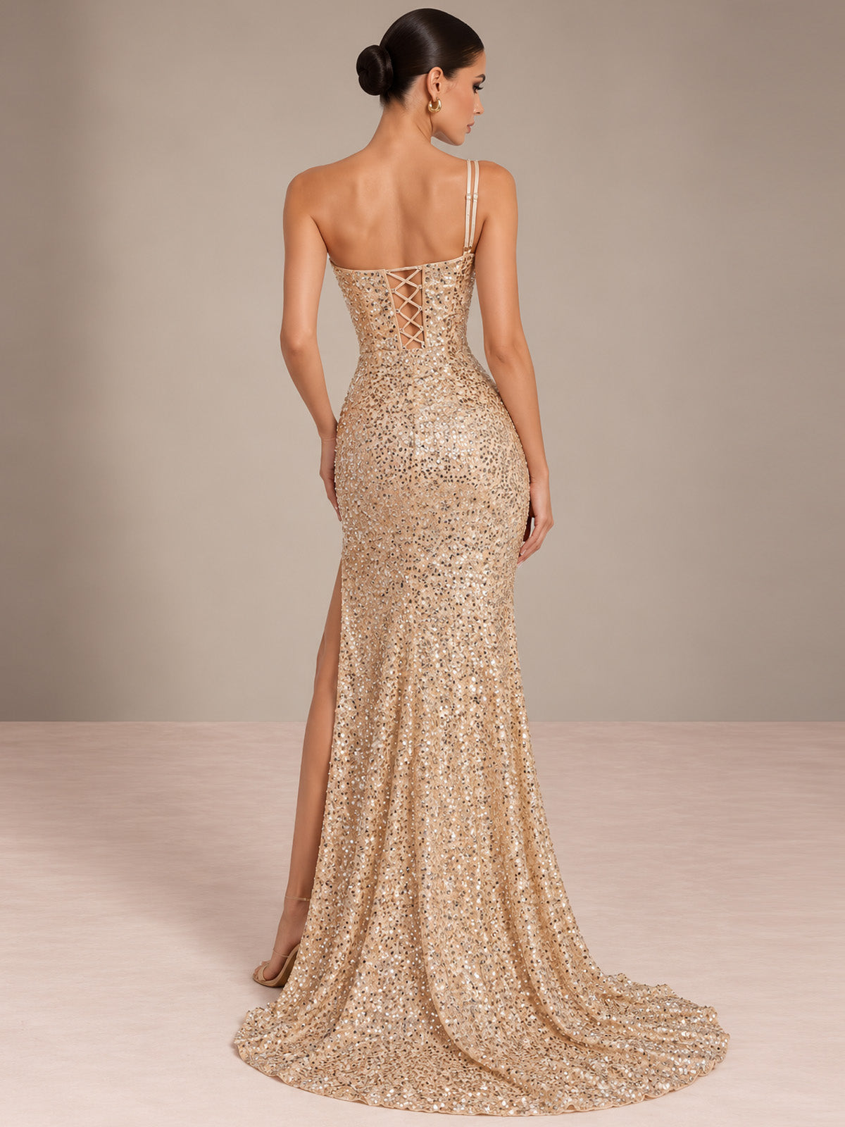 Women’s Champagne Gold Glamorous Sequin One Shoulder Sleeveless Mermaid Maxi Dress with Ruched Detail, High Slit and Lace-Up Back