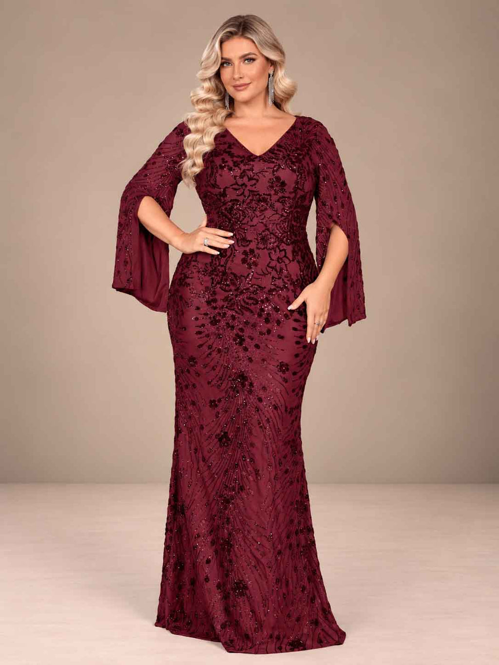Women’s Teal Blue Elegant Sequin V-Neck Cape Sleeve Mermaid Maxi Dress with Floral Embroidery