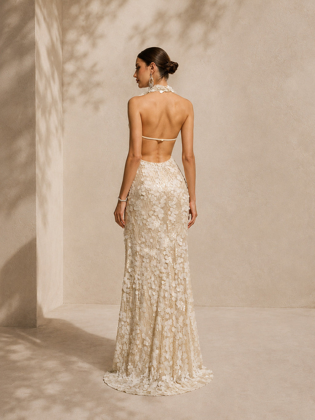 Women’s Ivory Lace Halter Neck Sleeveless Slim Maxi Dress with High Slit