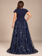 Women’s Navy Blue Elegant Sequin Sweetheart Neck Short Sleeve A-Line Maxi Dress with Peplum Waist Detail