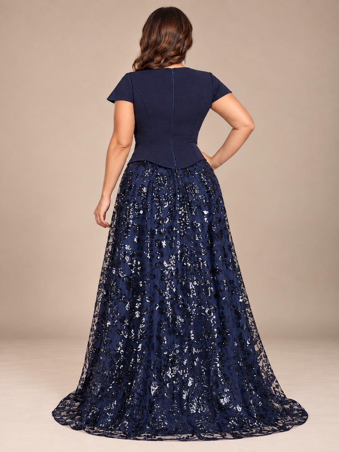Women’s Navy Blue Elegant Sequin Sweetheart Neck Short Sleeve A-Line Maxi Dress with Peplum Waist Detail