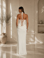 Women’s White Elegant Halter Neck Crochet Knit Backless Maxi Dress