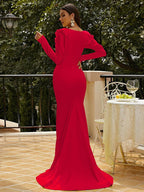 Women’s Red Elegant V-Neck Long Puff Sleeve Mermaid Maxi Dress with Ruched Bodice and Ruffle Shoulder Detail