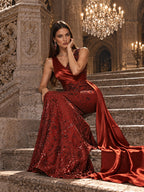 Women’s Red Elegant Satin Asymmetric Neck Sleeveless Mermaid Maxi Dress with Sequin Lace and Drape Detail
