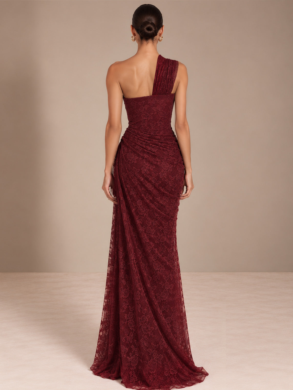 Women’s Burgundy Elegant Floral Lace One Shoulder Sleeveless Sheath Maxi Dress with Asymmetric Ruched Detail