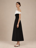 Women’s Black and White Elegant Asymmetric Off-Shoulder Sleeveless A-Line Midi Dress with Colorblock Detail