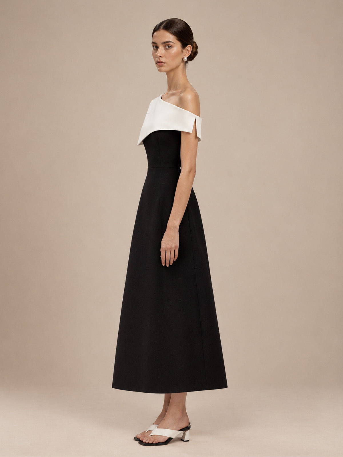Women’s Black and White Elegant Asymmetric Off-Shoulder Sleeveless A-Line Midi Dress with Colorblock Detail