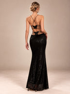 Women’s Black Glamorous Sequin V-Neck Spaghetti Strap Mermaid Maxi Dress with Ruched Detail