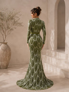 Women’s Olive Green Elegant Sequin Stand Collar Long Sleeve Regular Mermaid Maxi Dress with Beaded Detail