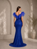 Women’s Royal Blue Luxe Sequin Ruffle V Neck Mermaid Maxi Dress