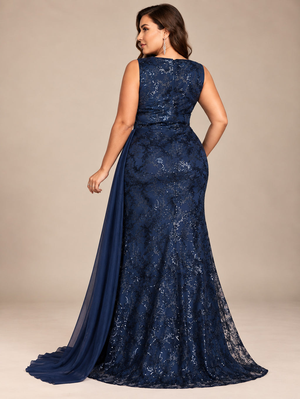 Women’s Navy Blue Elegant Sequin V-Neck Sleeveless Mermaid Maxi Dress with Floral Appliqué and Draped Detail