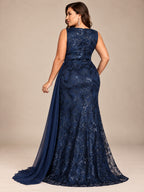 Women’s Navy Blue Elegant Sequin V-Neck Sleeveless Mermaid Maxi Dress with Floral Appliqué and Draped Detail
