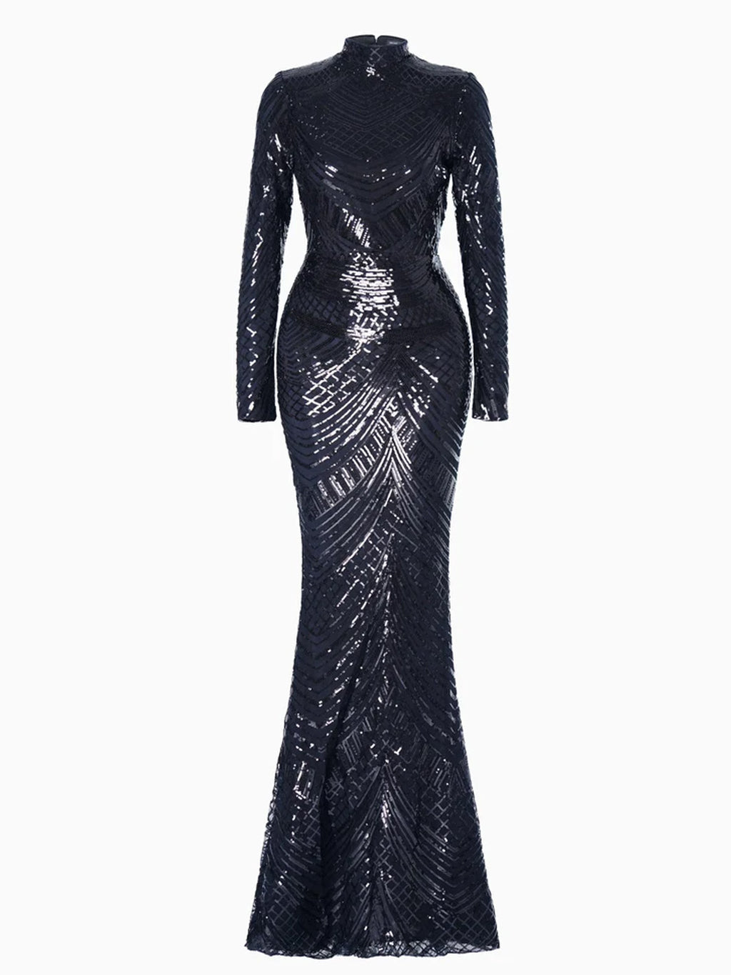 Women’s Black Glamorous Sequin Mock Neck Long Sleeve Mermaid Maxi Dress with Fringe Detail
