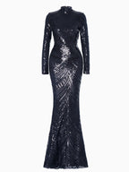 Women’s Black Glamorous Sequin Mock Neck Long Sleeve Mermaid Maxi Dress with Fringe Detail