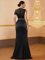 Women’s Black Elegant Satin High Neck Asymmetric Sleeveless Mermaid Maxi Dress with Rhinestone Mesh Detail