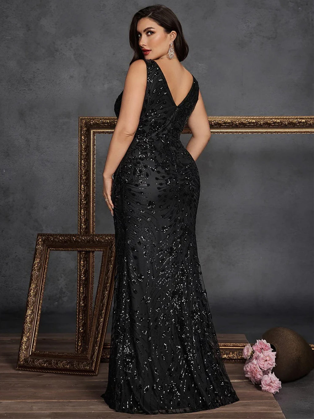 Women’s Olive Glamorous Sequin V Neck Sleeveless High Slit Maxi Dress