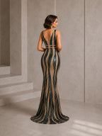 Women’s Green Sequin Dump V Neck Sleeveless Fitted Mermaid Floor-Length Evening Gown