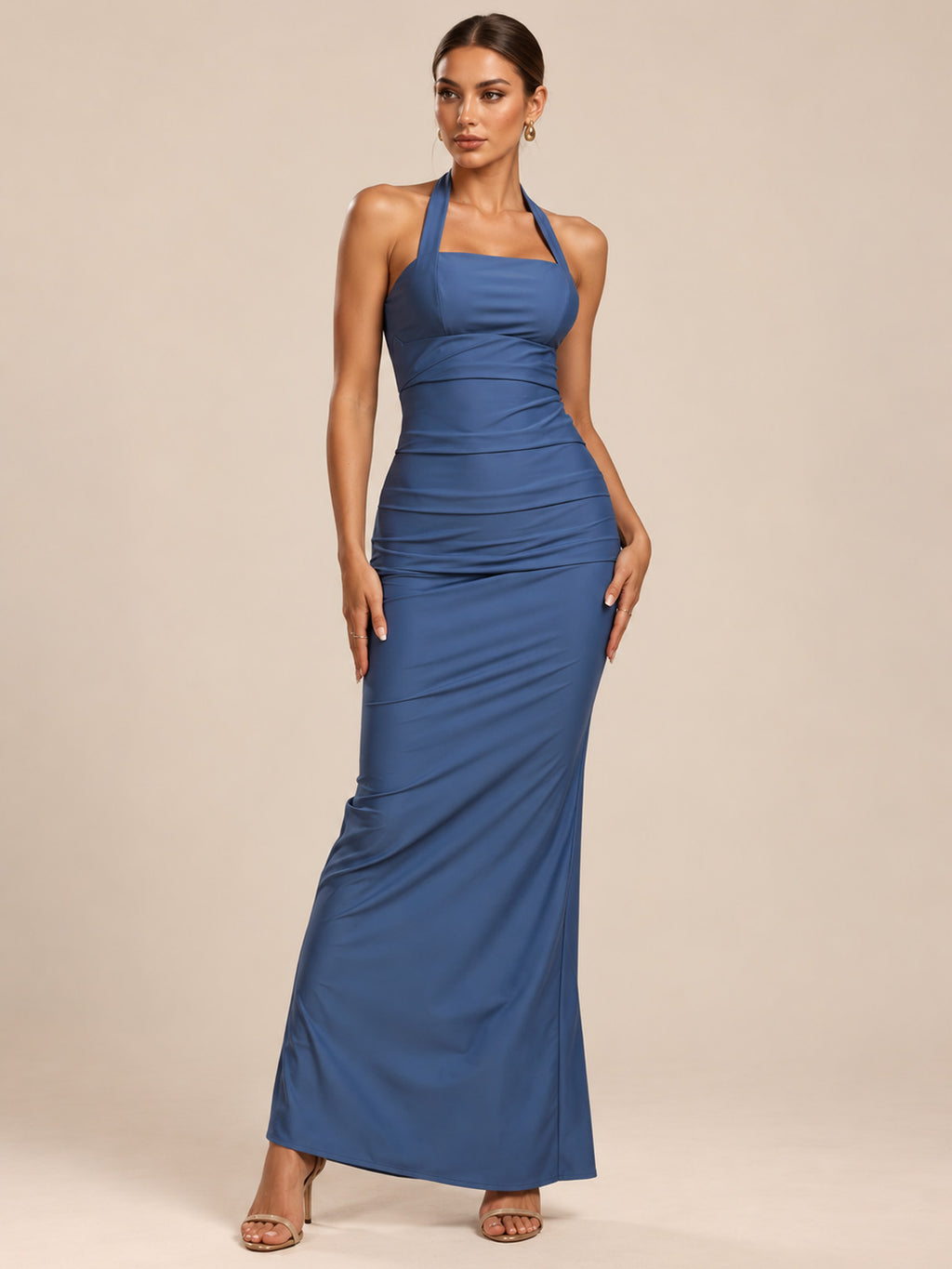 Women’s Dusty Blue Elegant Halter Square Neck Sleeveless Bodycon Maxi Dress with Ruched Detail