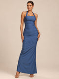 Women’s Dusty Blue Elegant Halter Square Neck Sleeveless Bodycon Maxi Dress with Ruched Detail