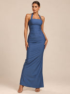 Women’s Dusty Blue Elegant Halter Square Neck Sleeveless Bodycon Maxi Dress with Ruched Detail