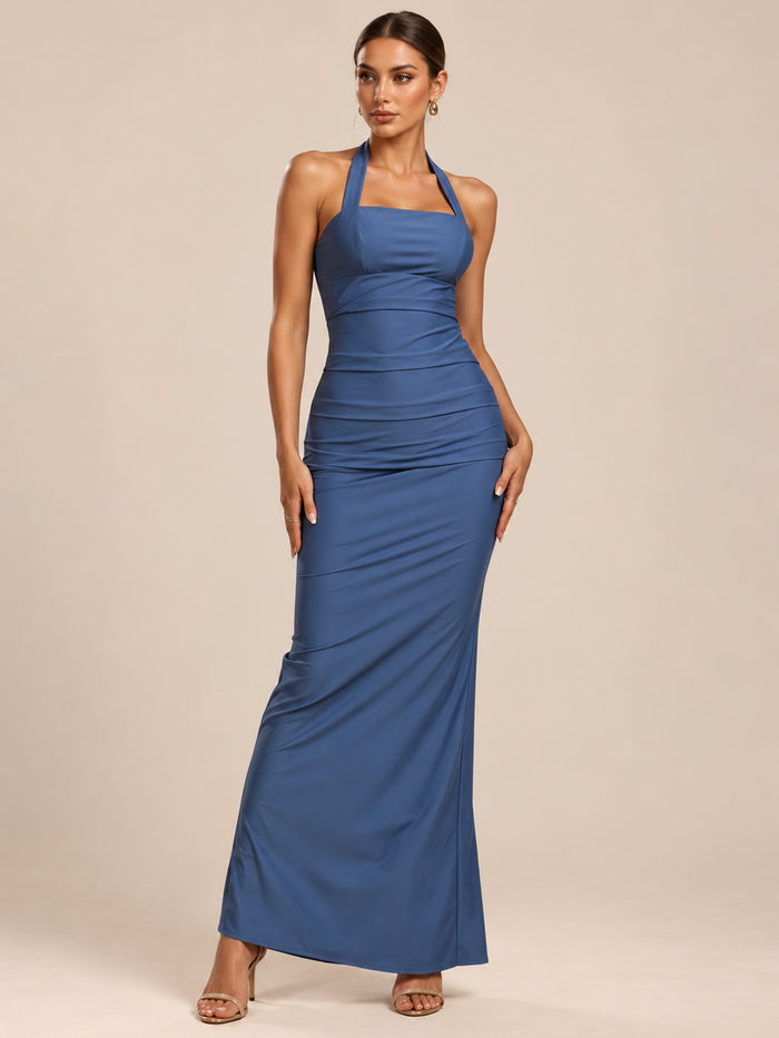Women’s Dusty Blue Elegant Halter Square Neck Sleeveless Bodycon Maxi Dress with Ruched Detail