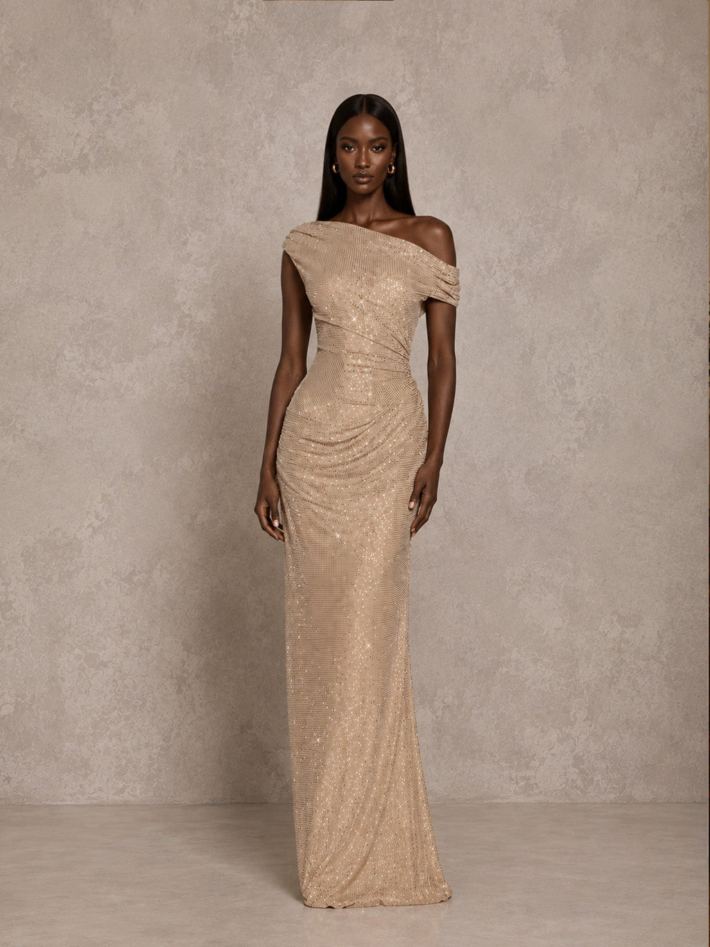 Women’s Champagne Elegant Sequin Off Shoulder Ruched Maxi Dress