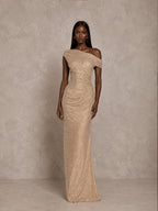 Women’s Champagne Elegant Sequin Off Shoulder Ruched Maxi Dress