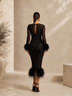 Women’s Black Glamorous Sequin Mesh Round Neck Sheer Sleeve Slim Midi Dress