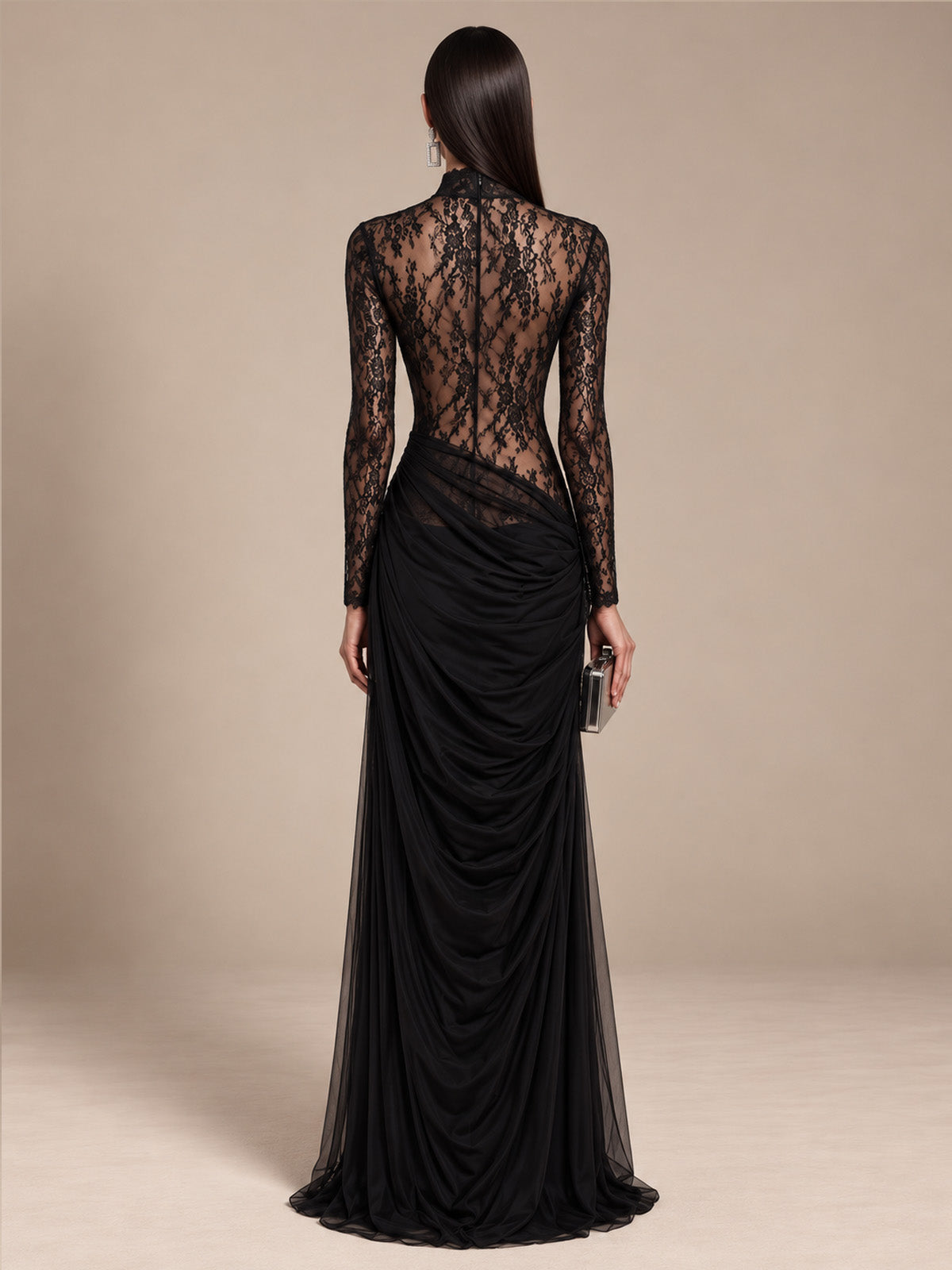 Women’s Black Gothic Elegant Floral Lace High Neck Long Sleeve Sheer Mermaid Maxi Dress with Ruched Draped Detail