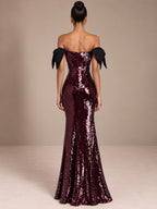 Women’s Burgundy Purple Glamorous Sequin Off-Shoulder Short Sleeve Mermaid Maxi Dress with Black Bow Detail