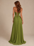 Women’s Olive Green Elegant Chiffon Halter V-Neck Sleeveless A-Line Maxi Dress with Lace Corset Detail