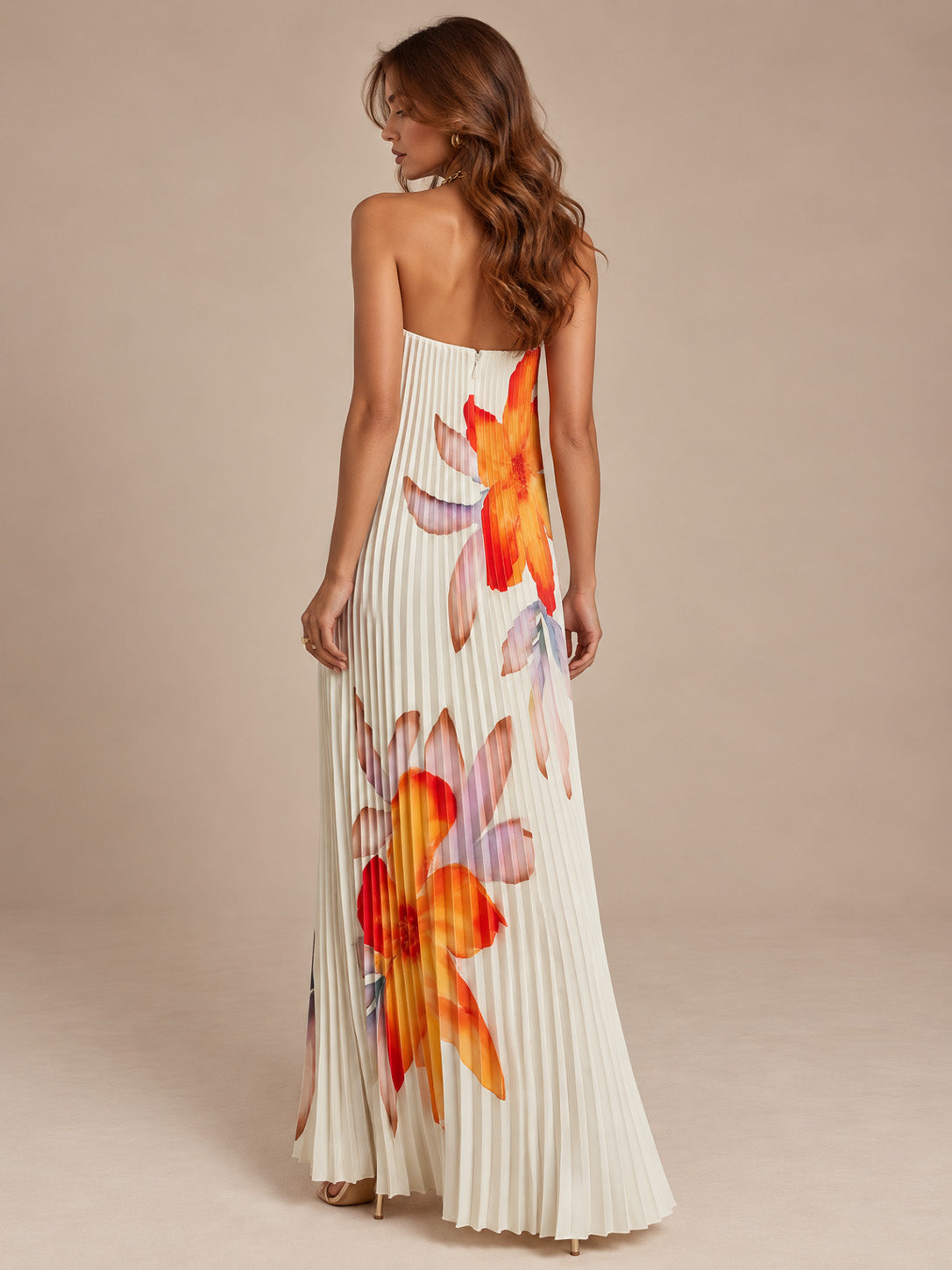 Women’s Ivory Elegant Pleated Strapless Floral Print A-Line Maxi Dress with Notched Neckline