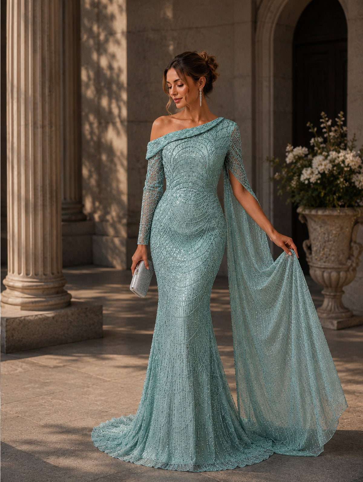 Women’s Elegant Sequin Asymmetrical Neck One Long Sleeve Regular Mermaid Maxi Dress with Beaded Detail