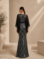 Women’s Black Art Deco Sequin Mesh Round Neck Cape Sleeve Slim Maxi Dress